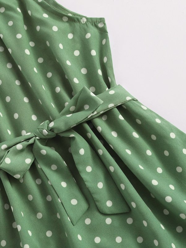 Girls Polka Dot Frill Trim Belted Dress SHE