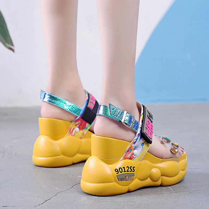 Lucyever Summer Women Sandals Fashion Transparent Diamond Wedge Sandal Rhinestone High Heels Chunky Platform Shoes Woman 201021
