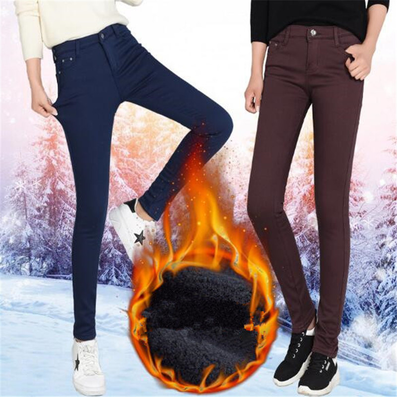 WKOUD Women Winter Warm Pants Thickening Fleece Skinny Pencil Pants Female Stretch Leggings Solid Plus Size Streetpants P8572 T200104