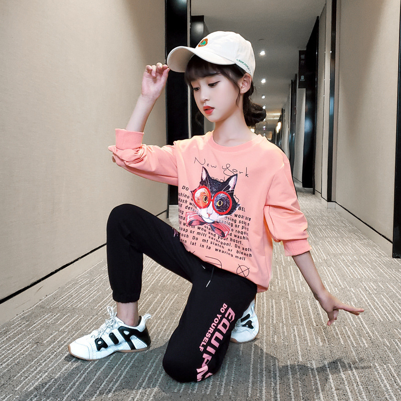 13 14 Year Cute Girl Pink Cartoon O-neck Clothes Suit 2020 New Autumn Fashion Sports Two Piece Sets Little Girl Boutique ClothesX1019