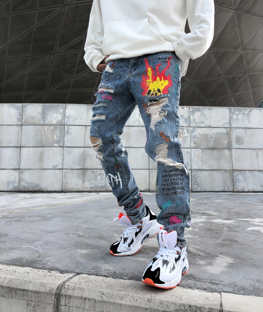 2021 Homme New Men's Hole Print Letter Spray Flame Straight Slim Pencil Pants Ripped Jeans for Men Vaqueros Hombre Lskz, Blue
2021 Homme New Men's Hole Print Letter Spray Flame Straight Slim Pencil Pants Ripped Jeans for Men Vaqueros Hombre Lskz, Blue