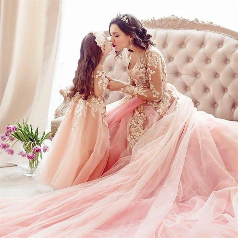 Pink Girl Dresses Wer For Wedding Party Lace Appliques Long Sleeve Mom Daughter Formal Gowns Little Girls Pageant Kids Toddler Birthday Dress AL S mal