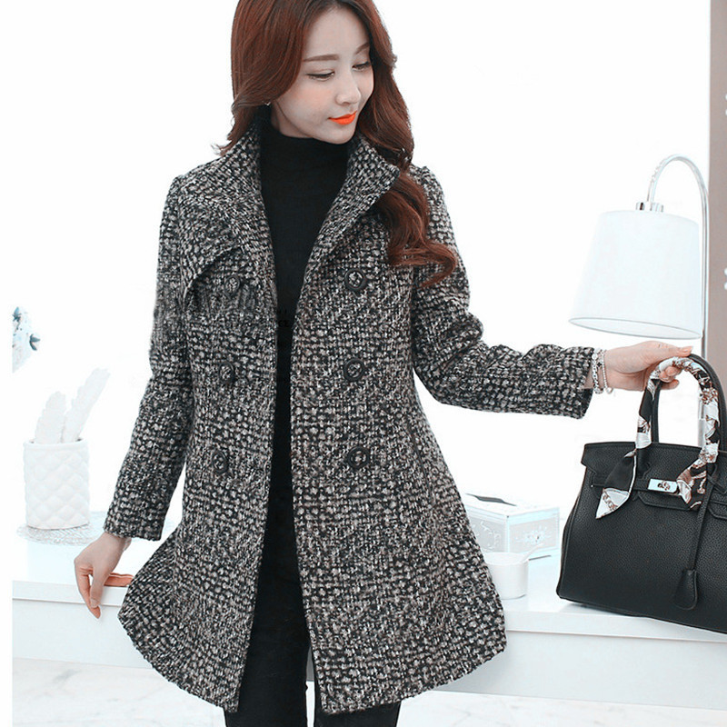 New Women's Wool Blends Coat Winter Autumn Fashion Elegant Mother Turtleneck Plaid Slim Long Tweed Woolen Outerwear Female 201102
