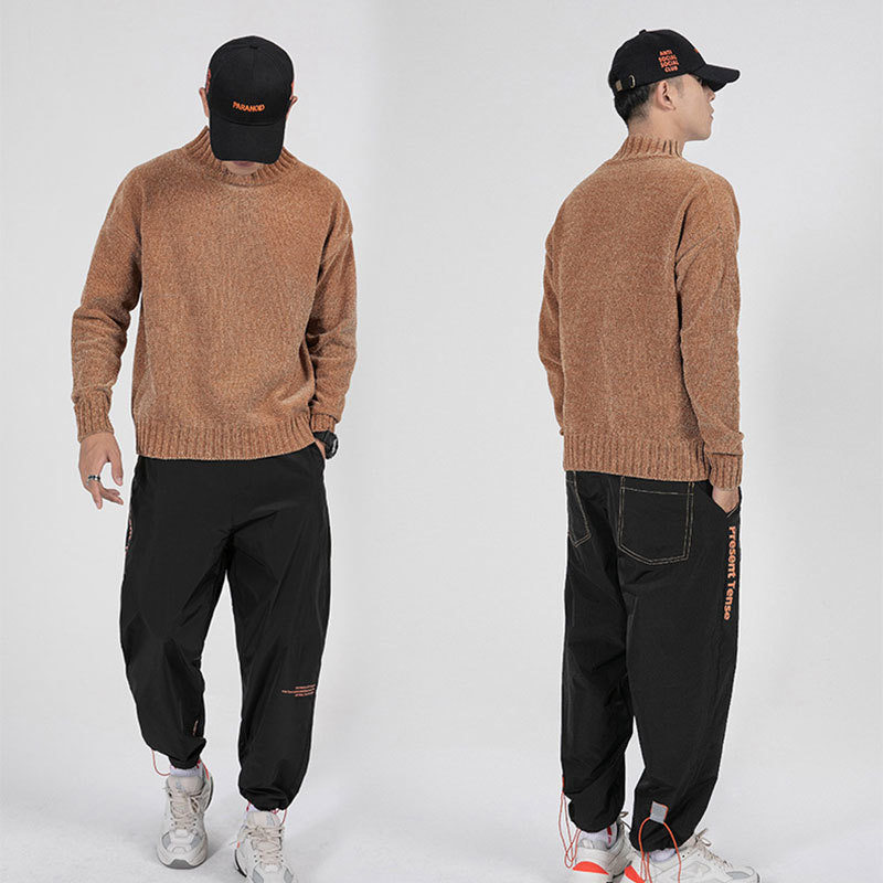 Fashion Half Turtleneck Sweater Men Solid Loose Casual Streetwear Pullover Japanese Male Clothing Autumn Chenille Knitted Tops 201203