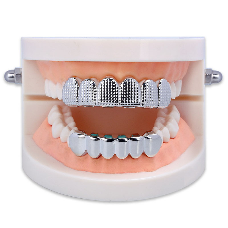 Grillz Teeth for Hip Hop Cool Mouth Grill Dental Covers Funny Top Bottom Custom Gold Plated Men's Tooth Cap Set Vampire Teeth Halloween Party Jew
