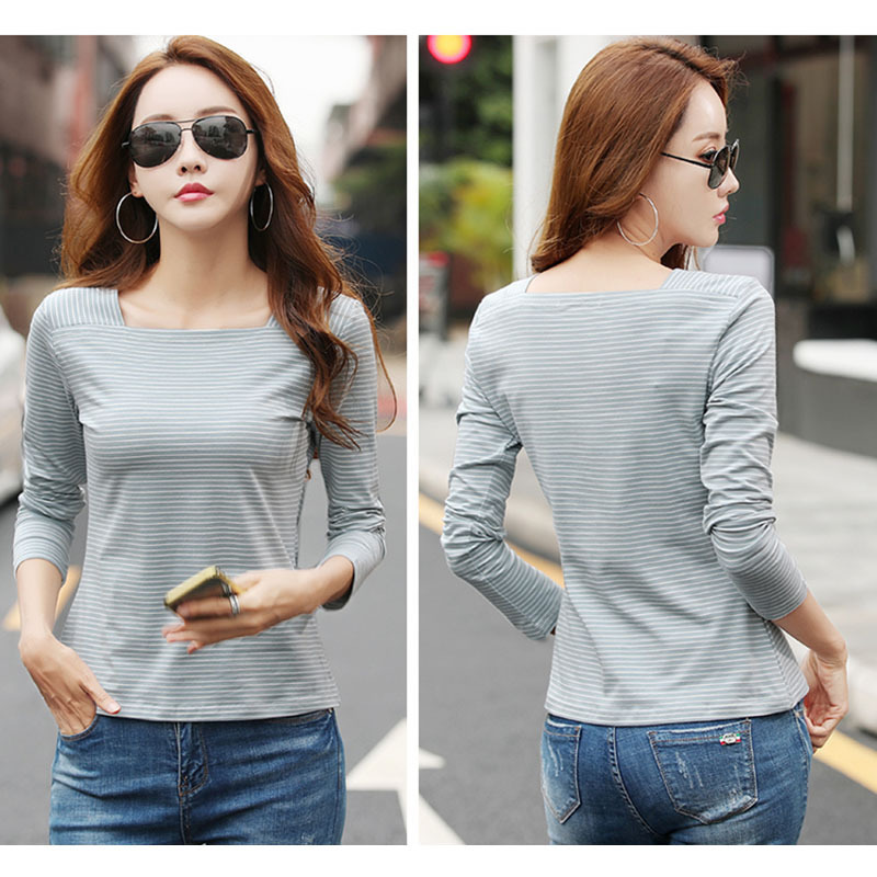 Long Sleeve T Shirt Ladies Women's Tshirt Striped Cotton Fashion Autumn Square Collar Casual Tops Female Yellow Black G50 201028