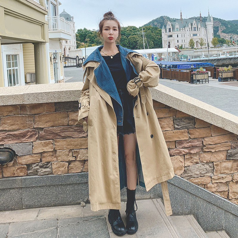 [DEAT] New Autumn Fashion Women's Trench Coat Casual Denim Patchwork Full Sleeve Double Lapel Collar Loose With Belt TX159 201028