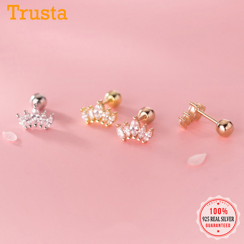 Real 925 Sterling Silver Crown Screw Beads Stud Earrings For Women Children Baby Girls Minimalist Jewelry