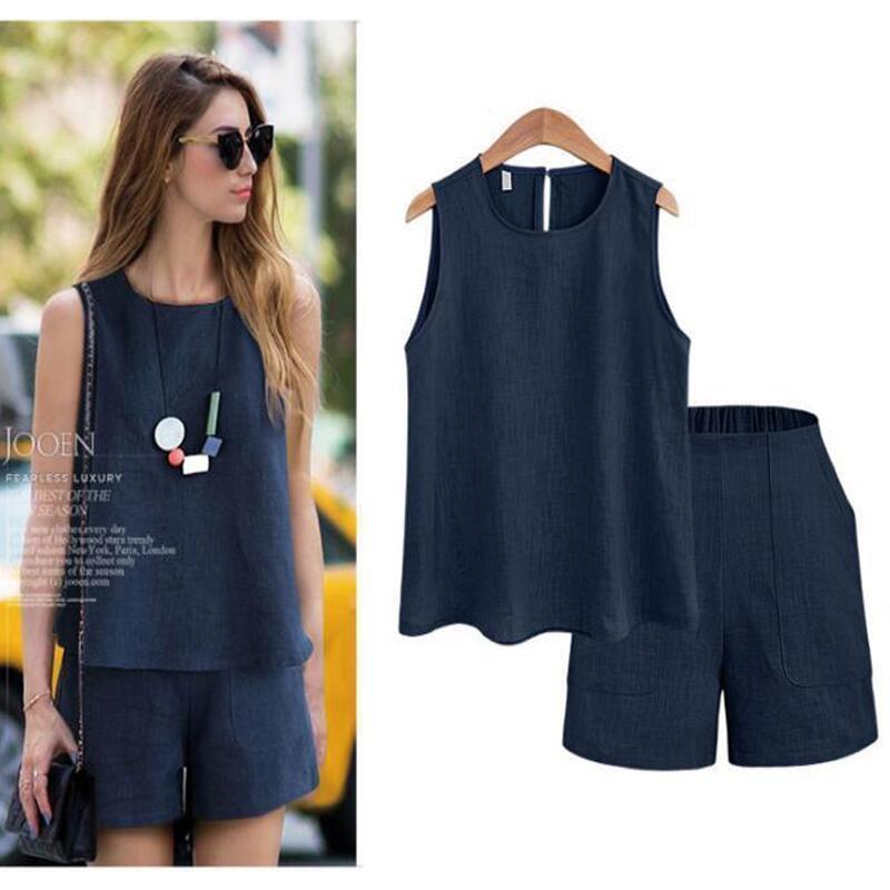 Women Summer Style Casual Cotton Linen Tops Shirt Feminine Pure Color Female Office Suit Set Women's Costumes Hot Short Sets T200325