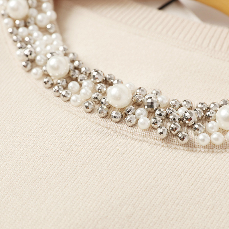 Autumn Beadings O-Neck Pullover Women's Sweater Long Sleeve Solid Office Lady Female Jumper Winter Khaki Woman Sweaters 201023