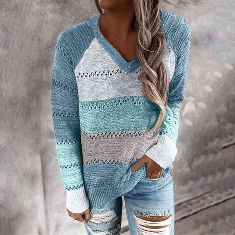 Fashion Women V-neck Knitted Sweater Long Sleeve Knitted Casual Loose Hollow Out Stripe Splicing Pullover Sweater Pullover Femme, White;black
Fashion Women V-neck Knitted Sweater Long Sleeve Knitted Casual Loose Hollow Out Stripe Splicing Pullover Sweater Pullover Femme, White;black