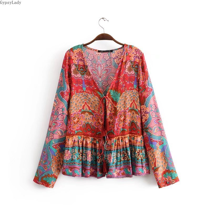 Gypsylady Summer Floral Print Jacket Long Sleeve Boho Jacket For Women Tassels Gypsy Folk Hippie Chic Female Jackets New 201017