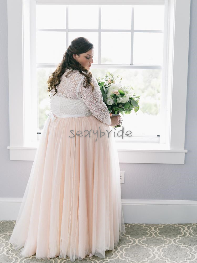 Plus Size Blush Pink Wedding Dresses 2021 Lace Long Sleeve Top V-Neck Floor Length Spring Bridal Gowns Buttons Back Bow Vestidos de novia