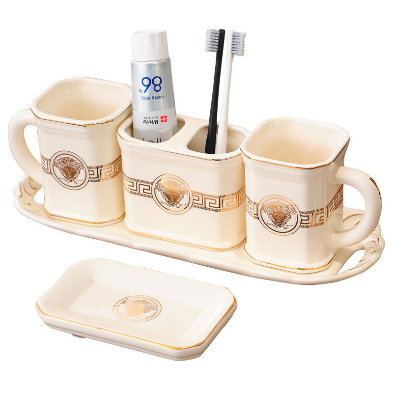 Bathroom Accessories Set Ceramic Toothbrush Holder Soap Dispenser Gargle Cup Soap Dish With Tray Wedding Gifts Bathroom Product T200518