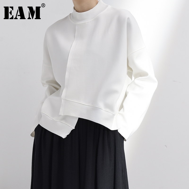 [EAM] Loose Fit White Irregular Hem Weatshirt New Satnd Collar Long Sleeve Women Big Size Fashion Tide Spring JK800 201102