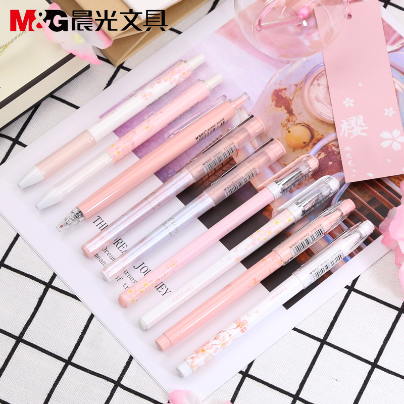 M&G Sakura Pink Cute Kawaii Pen Set Black Gel Ink Pens 0.5mm 0.38mm Retractable for school supplies gelpen stationery roller Y200709