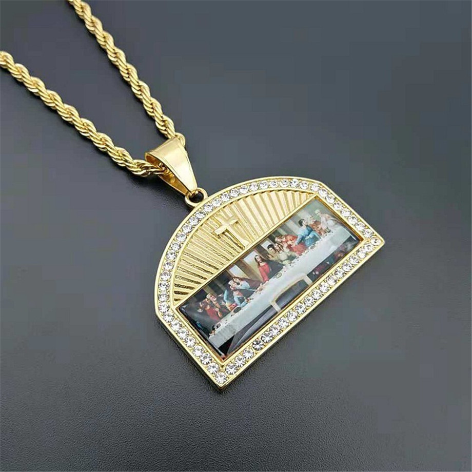 Iced Out The Last Supper Pendant Necklace Male Gold Color Stainless Steel Cross Necklaces For Men Religious Jewelry 201014