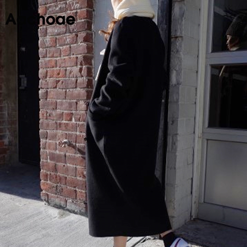 Aachoae Casual Black And Khaki Coat Women Long Sleeve Office Wear Elegant Long Coats Double Breasted Wide Waisted Pocket Coat 201027