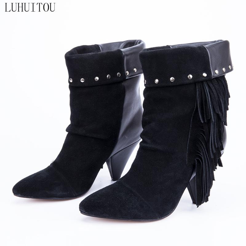 Boots Women`s Fashion Winter High-heeled Woman Autumn Suede Fringe Ankle Tassel Casual Genuine Leather Shoes Cowboy1