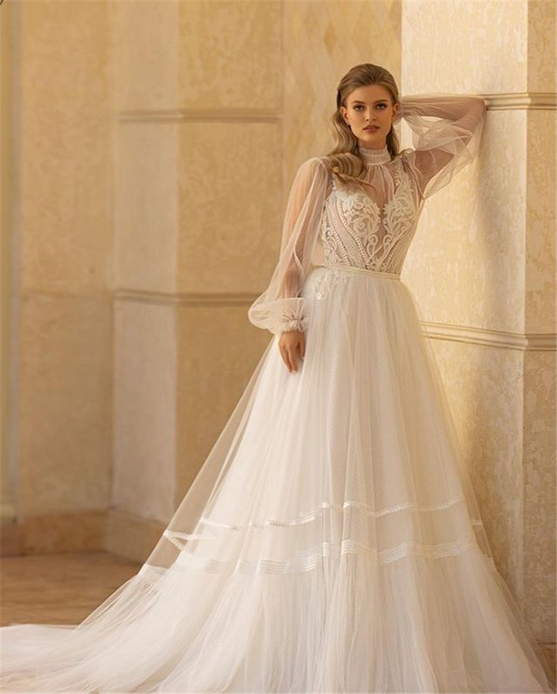 Newest A Line Wedding Dresses Long Sleeves High Neck Appliqued Lace Princess Bridal Gowns Chic Sweep Train Robes De Marie