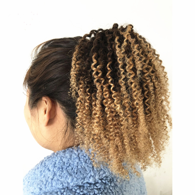 Curly Human Hair Ponytail with bang fringe 1b/27 Ombre blonde Drawstring Pony Tail Hairpieces Afro kinky puff Clip In Hair Extension