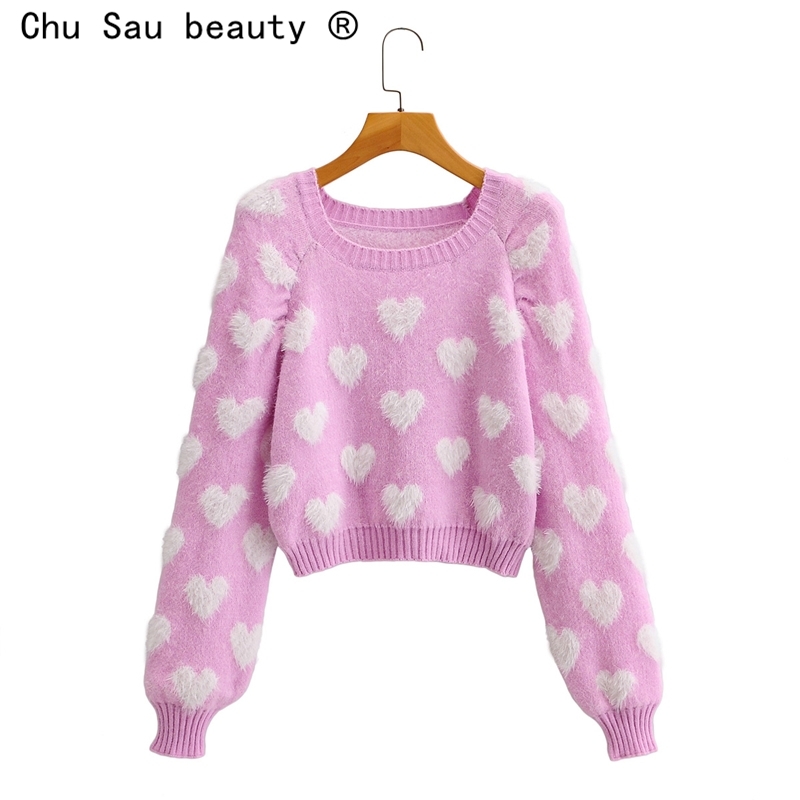 New Sweet Fashion Sweaters Women Chic Love Heart Shape Knitted Pullovers Sweater Fall Long Sleeve O-neck Knit Jumper Mujer 201130