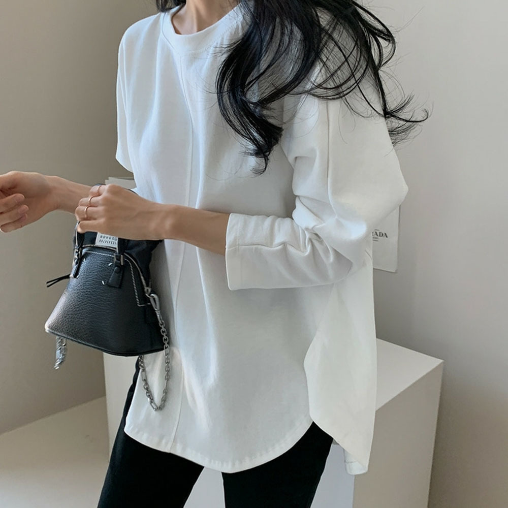 Korean Japanese White T Shirt Women Fashion Spring Solid Color Long Sleeve O Neck T-Shirt Loose Elegant Top Ropa Mujer 201014