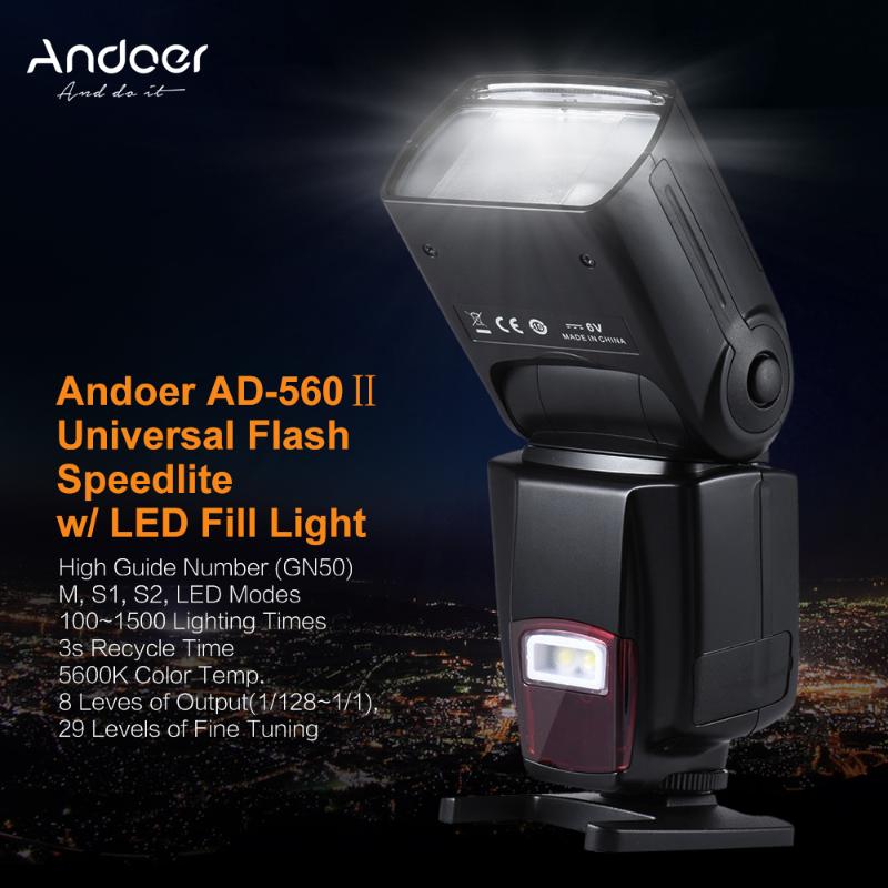 Andoer AD-560II Pro Camera Speedlite Flash GN50 w for / DSLR Adjustable LED Fill Light with Color Filters Diffuser
Andoer AD-560II Pro Camera Speedlite Flash GN50 w for / DSLR Adjustable LED Fill Light with Color Filters Diffuser