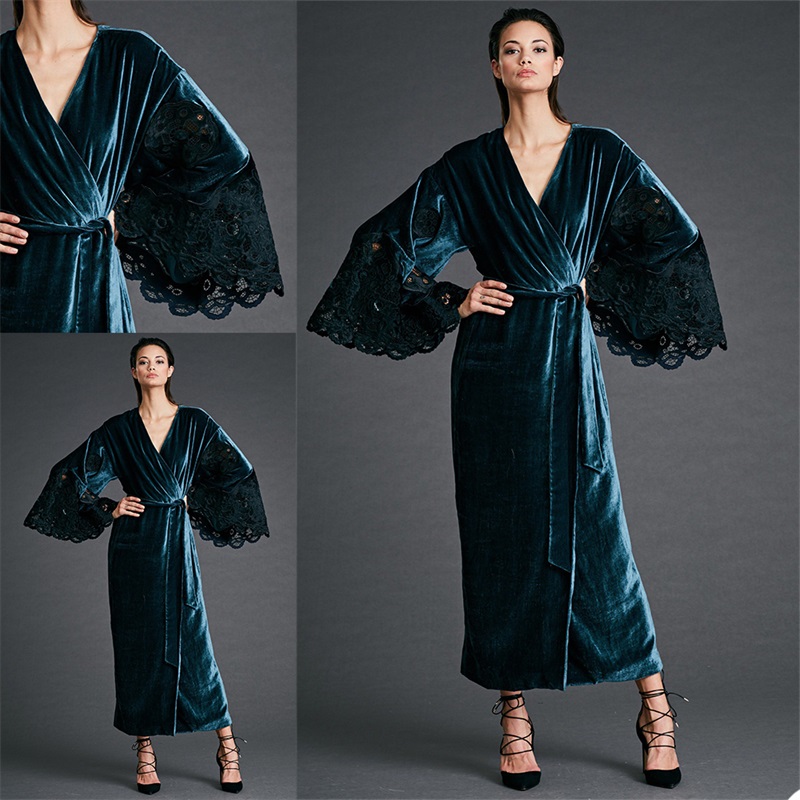 Green Wedding Bathrobe Long Sleeves Velvet Lace Sleep Wear Custom Made Pajamas Elegant Winter Wedding Robe Nightgown