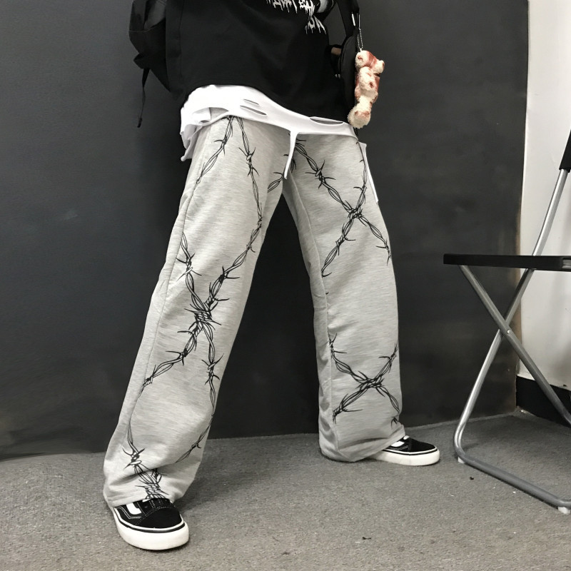 Harajuku Retro Pants Women Thorns Printed Elastic Waist Loose Wide Leg Pants Fashion Streetwear Grunge Dark Casual Pants Unisex 201109