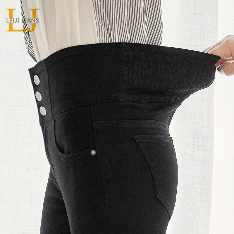 LEIJIJEANS 2020 autumn high waist slim ladies jeans button fly elastic waist legging jeans plus size stretchy black women jeans LJ201125
