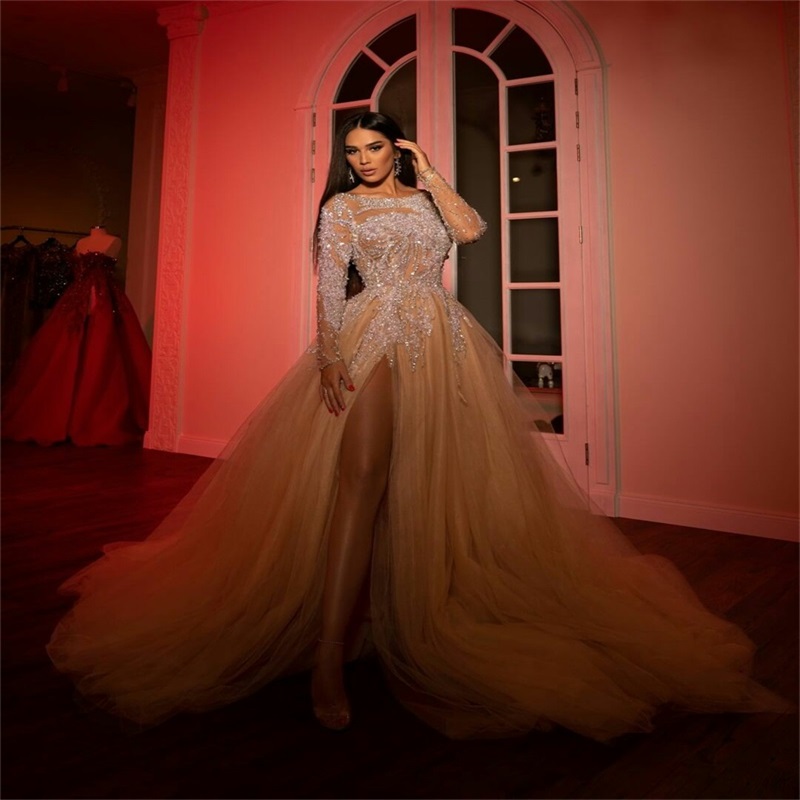Champagne Evening Dresses Luxury Beads Crystals Sexy Side Split Backless A Line Prom Dresses Long Sleeves Custom Made Formal Party Gown