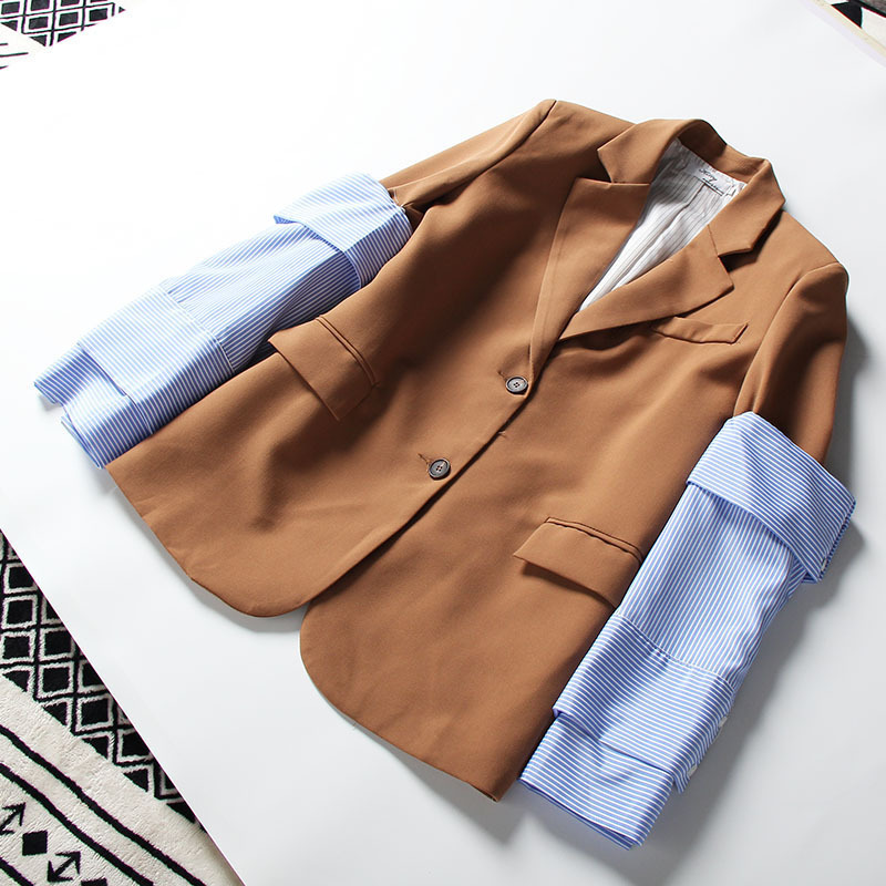 [EAM] New Spring Lapel Logn Sleeve Blue Striped Removable Stitching Hit Color Jacket Women Coat Fashion Tide JI825 201106