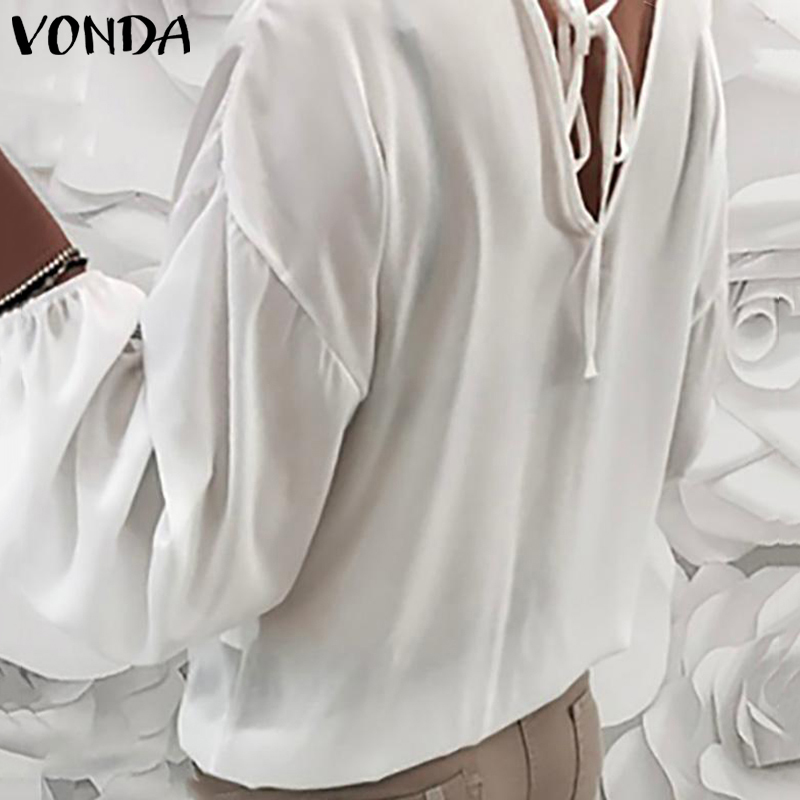 VONDA Women Blouses 2019 Sexy V Neck Lace Crochet Shirts Long Lantern Sleeve Hollow Out Tops Casual Loose Plus Size Blouse T200321