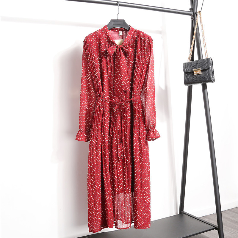 New Women's Floral Print Pleated Chiffon Dress Spring Autumn New Female Casual Flare Sleeve lace Up Bow Neck Basic Dresses T200416