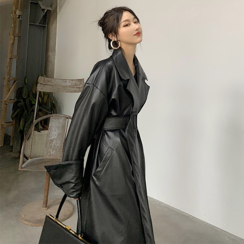 Lautaro Long oversized leather trench coat for women long sleeve lapel loose fit Fall black women plus size clothing streetwear 201226
