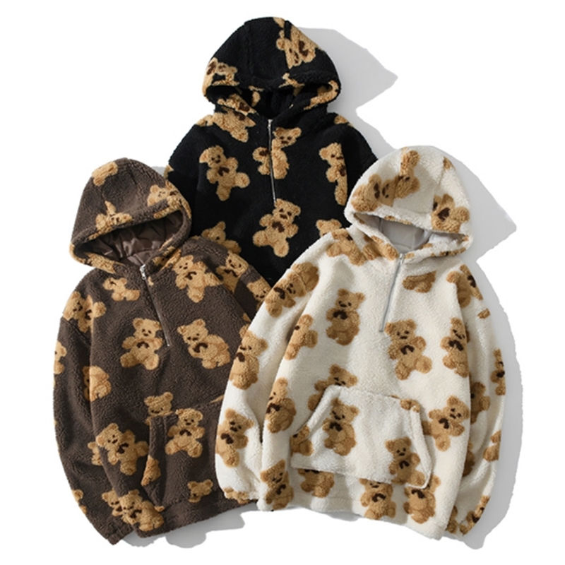Hip Hop Autumn Winter Lambswool Jacket Men Streetwear Bear Print Zipper Cardigan Coats Harajuku Loose Hooded Couple Coat Outwear 201130, Black;brown
Hip Hop Autumn Winter Lambswool Jacket Men Streetwear Bear Print Zipper Cardigan Coats Harajuku Loose Hooded Couple Coat Outwear 201130, Black;brown