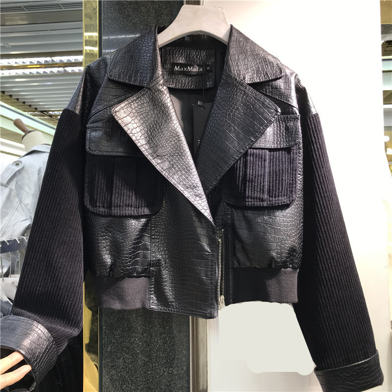 Cotton Pit stripes Stitching Faux PU leather jacket Women Autumn Short Plus size motorcycle Biker leather coat Female Streetwear 201020