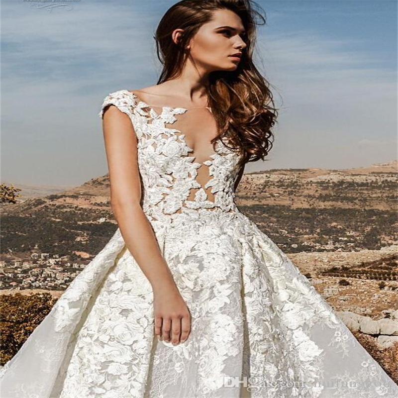 Tony Ward La Mariée Fall A-line Wedding Dress Cap Sleeves Sheer Sexy Deep V Neck Lace Applique Sweep Train Bridal Gowns Custom Made