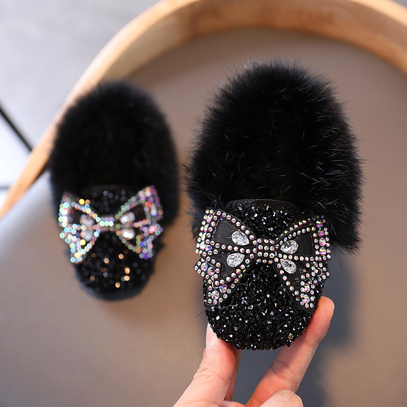 Winter Boot Girl Shoes Korean Style Little Girl Bow Tie Fur Shoes Baby Warm Thick Velvet Bling Shoes Girl D09221 201201