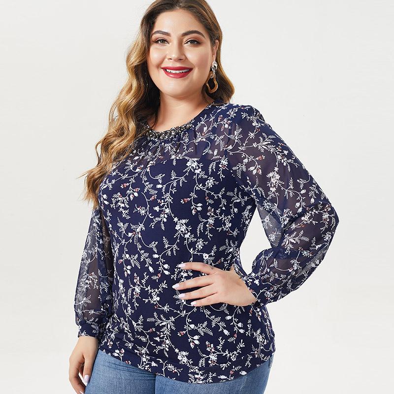 2020 Autumn mom Long sleeve Printed flower T-shirt fashion ladies Vintage elegant Plus Size Womens Chiffon Tops, Blue
2020 Autumn mom Long sleeve Printed flower T-shirt fashion ladies Vintage elegant Plus Size Womens Chiffon Tops, Blue