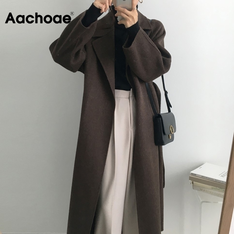 Aachoae Women Elegant Long Wool Coat With Belt Solid Color Long Sleeve Chic Outerwear Ladies Overcoat Autumn Winter 201112