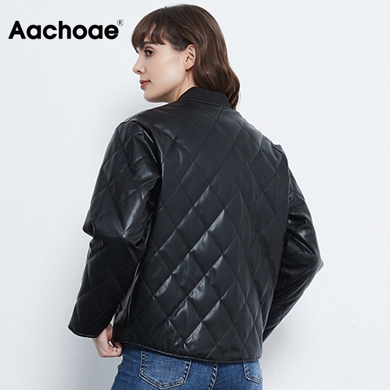 Aachoae Fashion Argyle Padded Jacket Women PU Faux Leather Long Sleeve Coat Female Loose Casual Ladies Winter Jackets 201028
