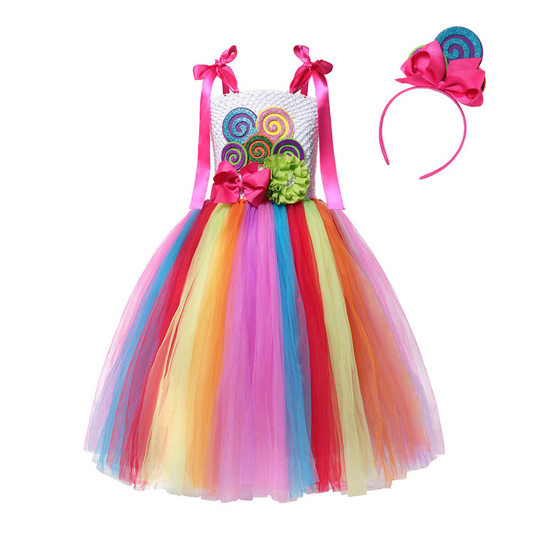 Sweet Candy Girl Clothes Summer Kids Carnival Frock Little Birthday Fancy Rainbow Tutu Dress with Hairband Child Party Gown 220310