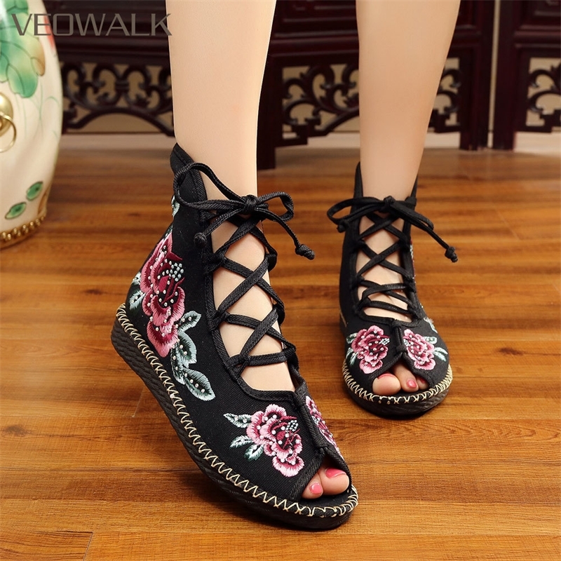 Veowalk Handmade High Top Women Canvas Flat Gladiator Sandals Open Peep Toe Summer Cotton Embroider Lace Up Shoes Sandials Mujer Y200405, Black
Veowalk Handmade High Top Women Canvas Flat Gladiator Sandals Open Peep Toe Summer Cotton Embroider Lace Up Shoes Sandials Mujer Y200405, Black