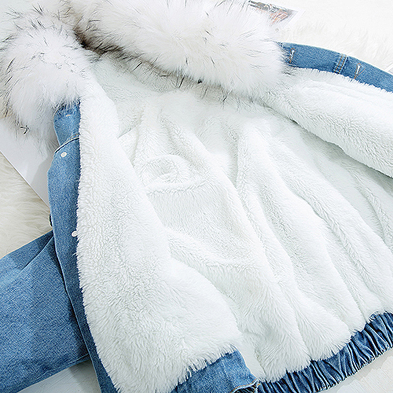 Oversized Faux Fur Lining Hooded Denim Women's Jacket Thick Warm Velvet Winter Coat Female Vintage Loose Pocket Parkas Outwear 201029