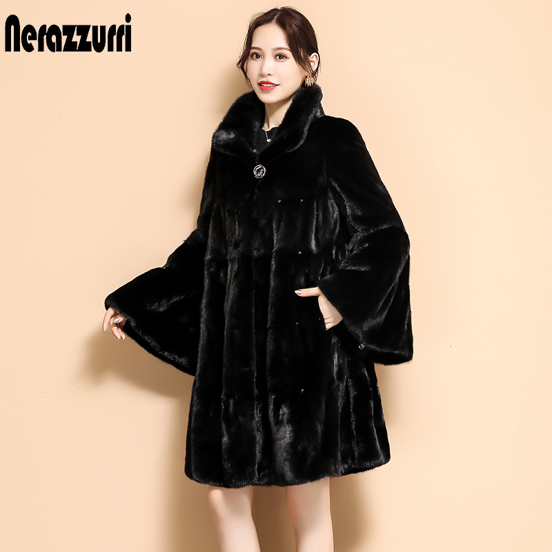 Nerazzurri Winter black pleated faux fur coat long flare sleeve stand collar Skirted soft plus size fluffy faux fur jacket women 201110