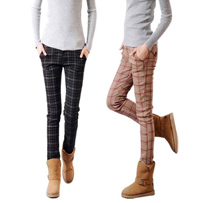 Winter Ol Office Work Wear Femme Plaid Pants Women Warm Plus Thick With Velvet Skinny Slim Pencil Pants Female Trousers T200319