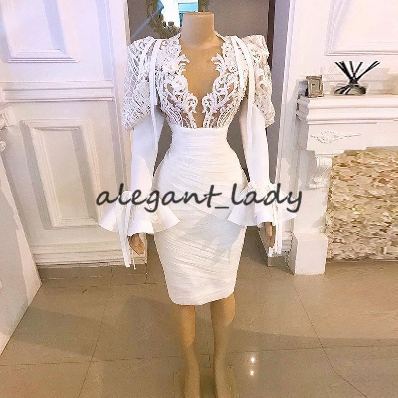 Little White Dress 2021 Real Image Long Sleeve Evening Party Gowns Dubai Arabic Women Lace Applique Cocktail Dress Vestido