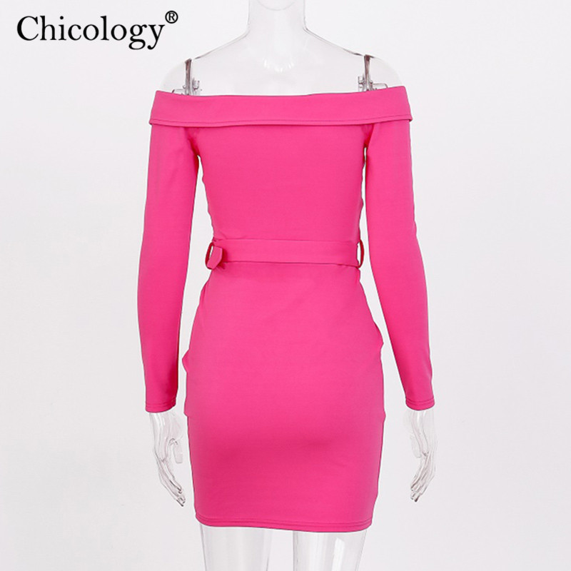 Chicology off shoulder belt zipper button dress long sleeve bodycon autumn winter women sexy party casual lady clothes T200521